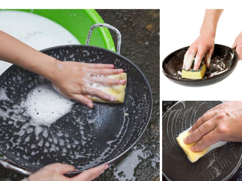 Rửa chảo bằng miếng bọt biển mềm